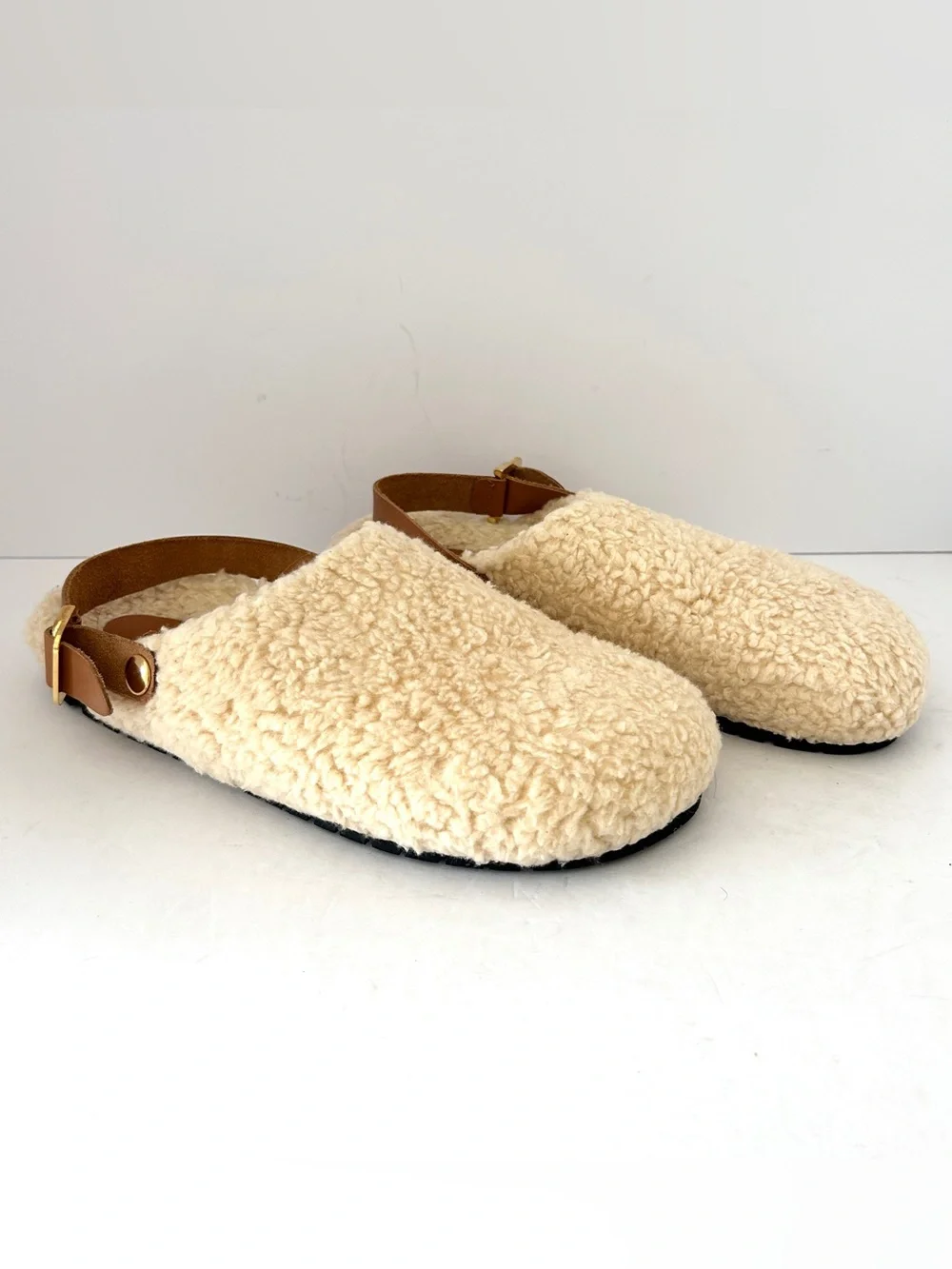 Anthropologie Pilcro Faux Shearling Clogs Beige Tan Leather Slippers Fleece US 9 - Picture 1 of 9